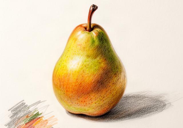 細目の紙に色鉛筆で描いた洋梨の静物画と色の重なり