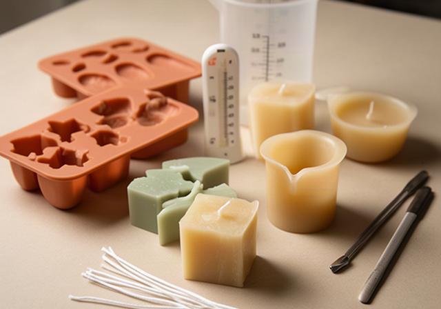 型や芯、ワックスをそろえたキャンドル作りの道具と材料