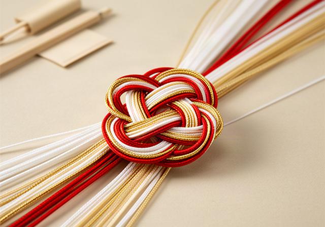 紅白と金色の水引をあわじ結びにした和風手芸の材料