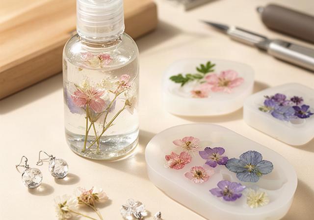 透明なレジン液と花の封入パーツを並べたアクセサリー制作の材料