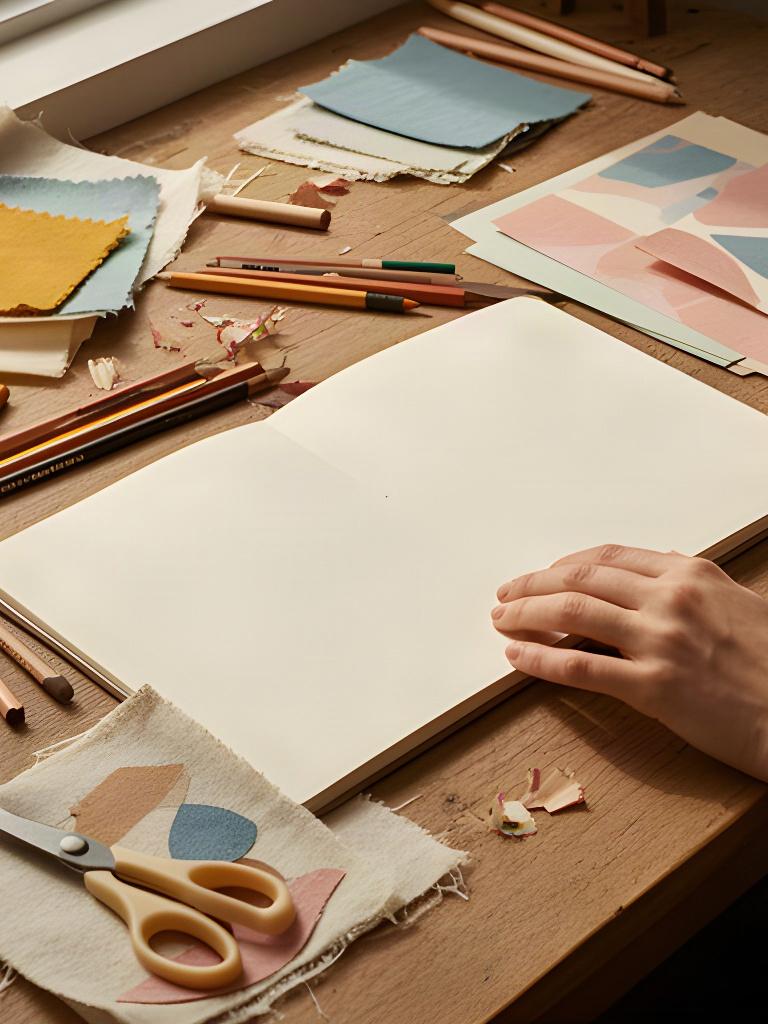 木の机に並ぶ色鉛筆、ノート、布や紙のクラフト素材と制作途中の手元