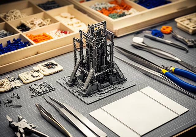 細かな部品を組み立てる工作キットと説明書、工具を並べた制作机
