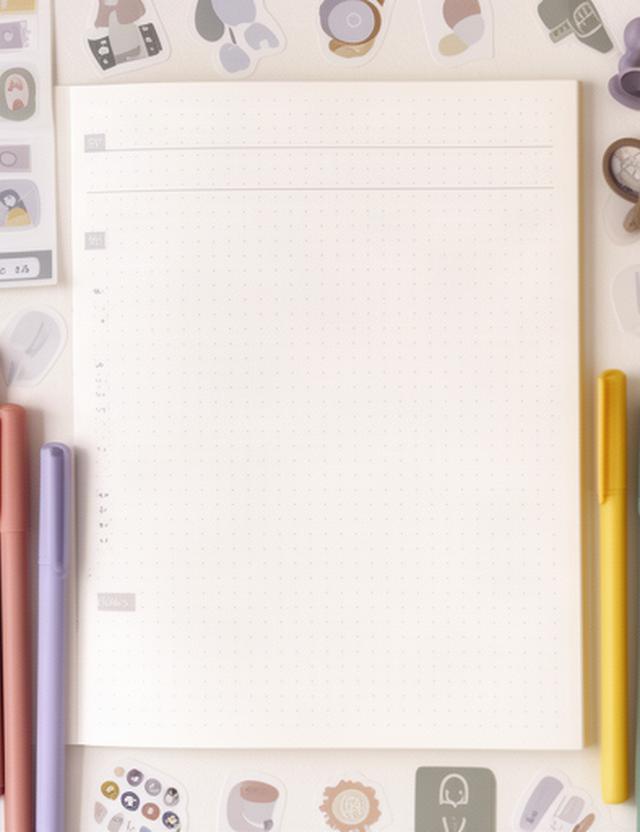 ドット方眼ノートに予定を書き込み、色違いのペンとシールを添えた手帳デコの道具