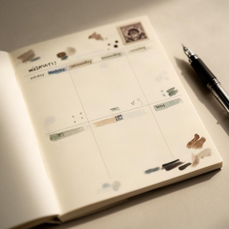 余白を残した週間手帳に、曜日スタンプと細字ペンで予定を書き込んだページ