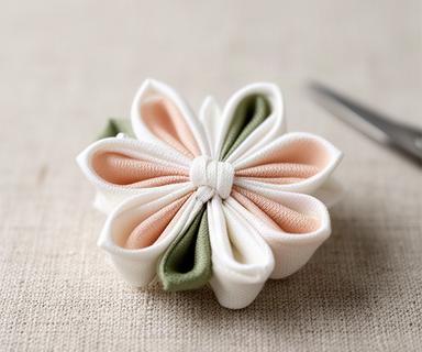 小さな布片を折り重ねて作った白と淡紅色のつまみ細工の花